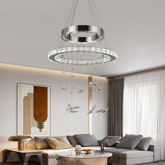 Lustra LED suspendata cu telecomanda si cristal 39W, 2 Cercuri, lumina Rece/Calda/Neutra, Dimabila, Crom Lucios, Inaltime Reglabila