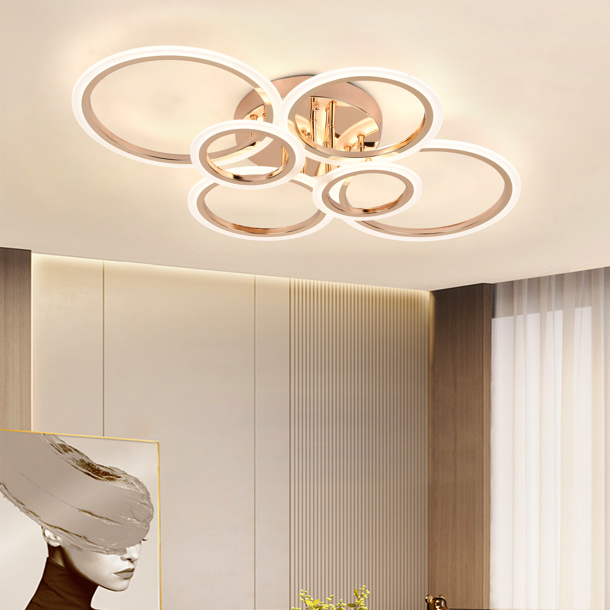 Lustra LED cu telecomanda BETTY 82W, 6 Cercuri, lumina Rece/Calda/Neutra, Dimabila, Auriu Lucios