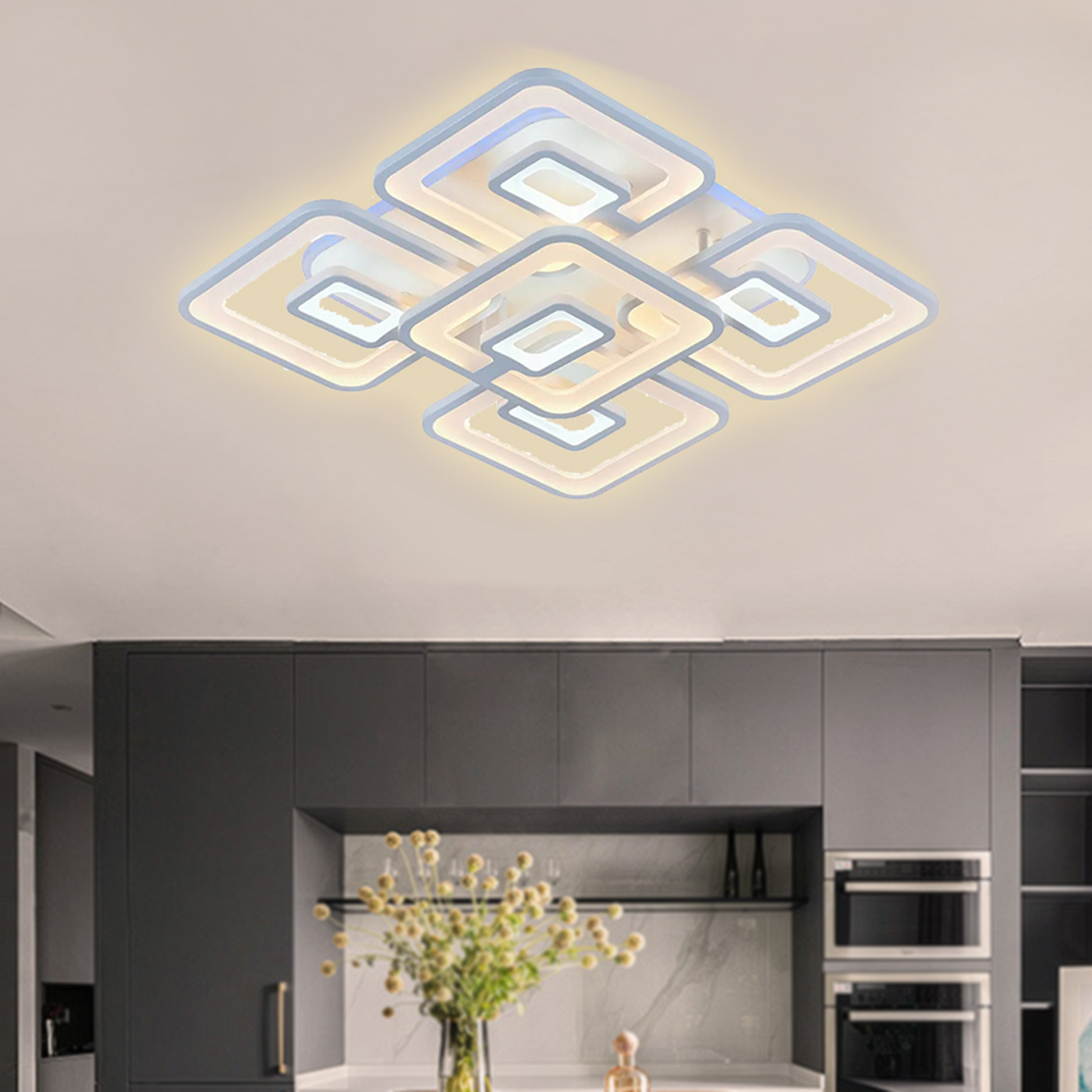 Lustra LED cu telecomanda FELIX 107W, 5 Patrate, lumina Rece/Calda/Neutra, Dimabila, Alb