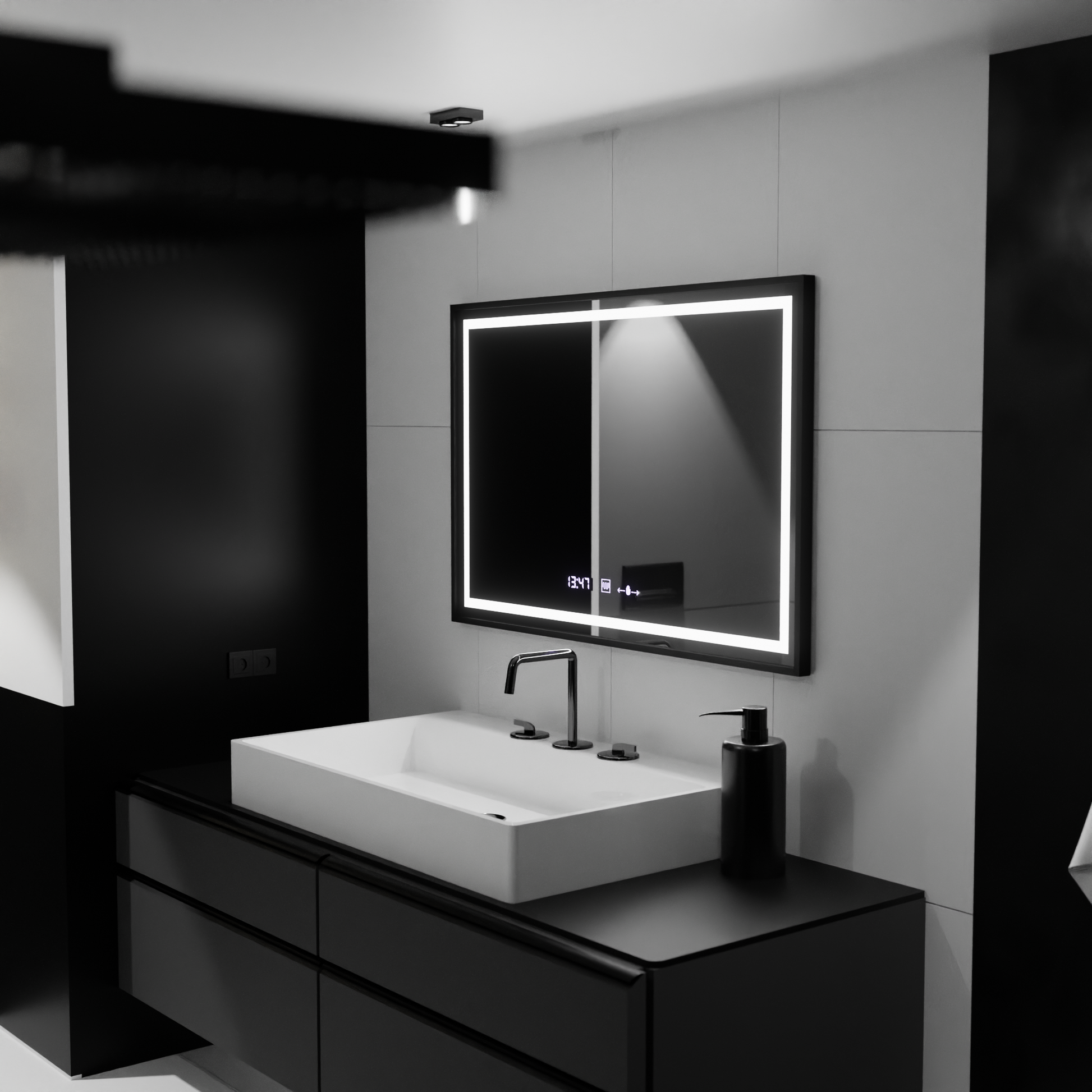 Oglinda LED Rectangulara, 120x80cm, Verite Majeste Noir Motion Glow Marcello, Sistem Dezaburire, Ceas & Termometru, Dimabila