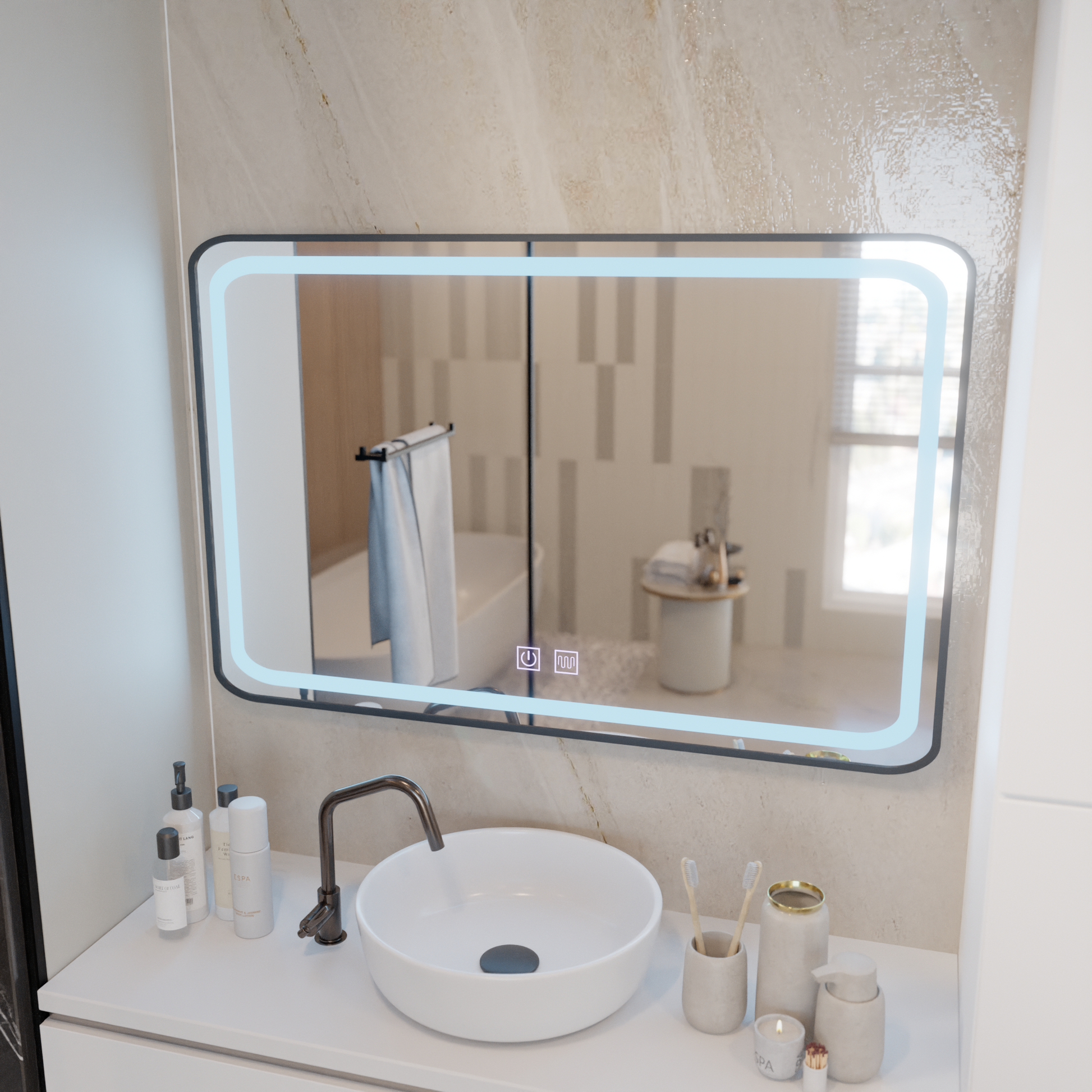 Oglinda LED Rectangulara 100x65cm – Edge LUMINOUS Touch Sistem Dezaburire, Rama Neagra