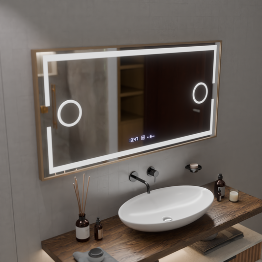 Oglinda LED Senzor MotionGlow Sofia cu functie Dezaburire Termometru Ceas 110x65 cm Lumina Calda/Rece/Neutra Dimabila,Rama Rose Gold, Colectia Marcello Funghi