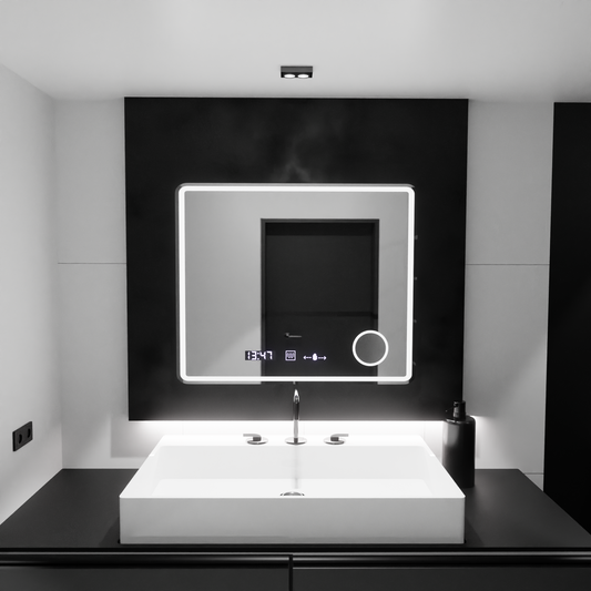 Oglinda LED Rectangulara, 90x75cm, Riflesso MotionGlow Marcello, Sistem Dezaburire, Ceas & Termometru, Lupa Cosmetica, Dimabila