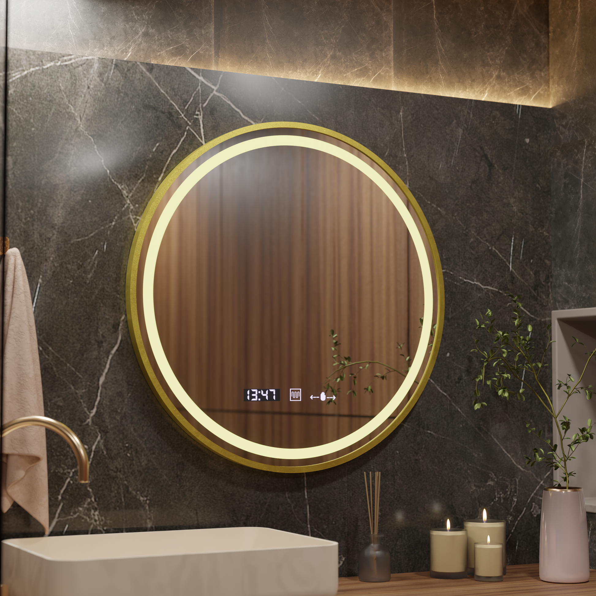 Oglinda LED Rotunda, 70cm, Celeste Royale Gold MotionGlow Marcello, Sistem Dezaburire, Ceas & Termometru, Dimabila
