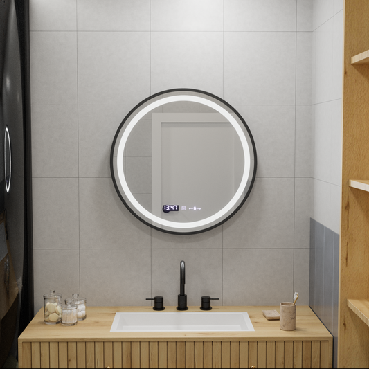 Oglinda LED Rotunda, 60cm, Celeste Majeste Noir MotionGlow Marcello, Sistem Dezaburire, Ceas & Termometru, Dimabila