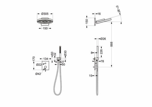 Set de duș cu termostat ELEGANT, incastrat in perete cu unitate interna – Auriu periat