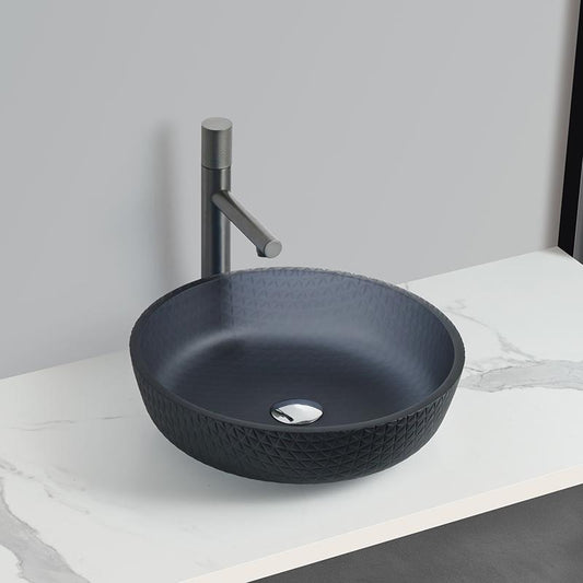 Lavoar rotund RUBEN, din sticlă, montaj pe blat, 42x42x11cm – gri inchis mat