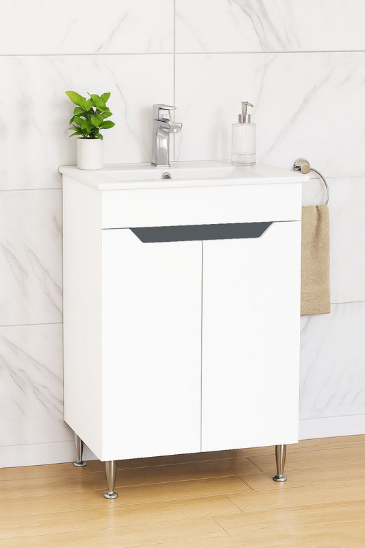 Mobilier Baie MDF Kit și lavoar, Seria 056, 50cm, Alb/Antracit