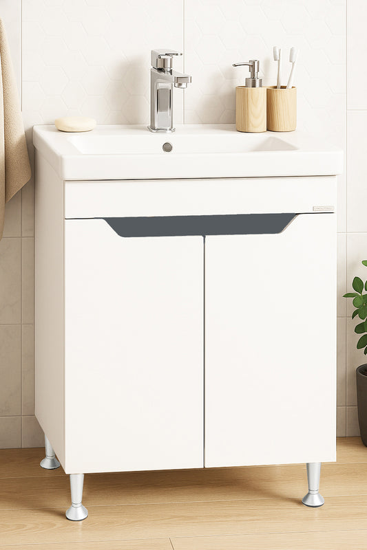 Mobilier Baie MDF și lavoar, Seria 756, Sertare, 60cm, Alb/Antracit