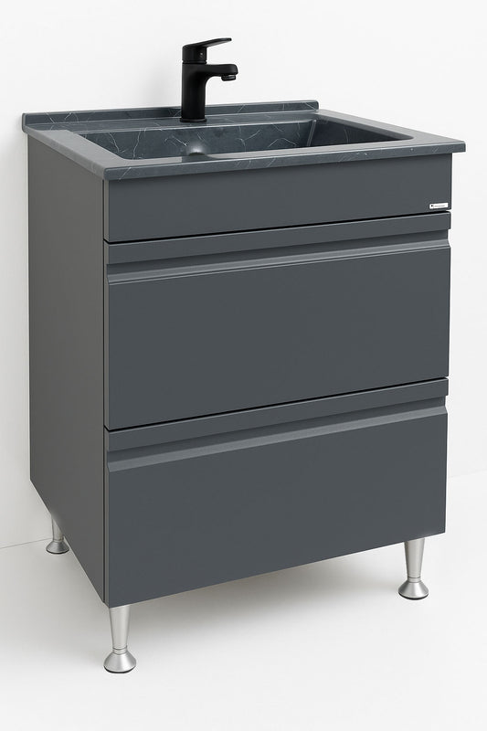 Mobilier Baie MDF și lavoar granit, Seria 486, Sertare, 60cm, Antracit