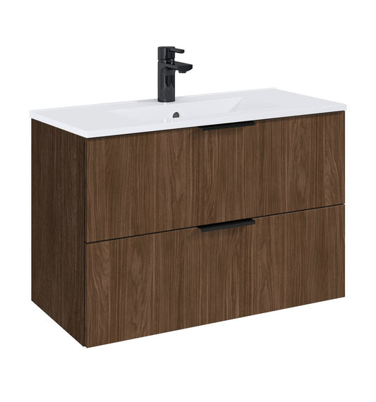 Set Dulap de Baie Nuc Mat – cu Lavoar Încorporat, 80 cm- Etna cu 2 Sertare