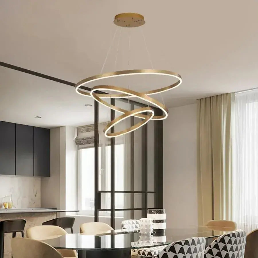 Lustra LED suspendata cu telecomanda AZARIAH 130W, 3 Cercuri, lumina Rece/Calda/Neutra, Dimabila, Auriu Lucios, Inaltime Reglabila