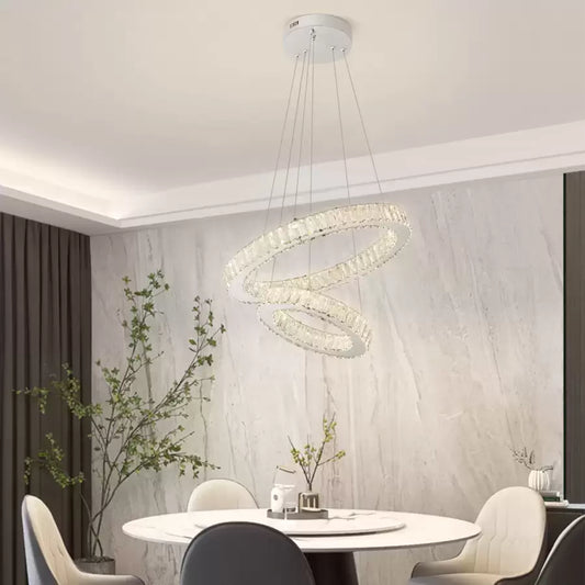 Lustra LED suspendata cu telecomanda si cristal CANAAN 80W, 2 Cercuri, lumina Rece/Calda/Neutra, Dimabila, Crom Lucios, Inaltime Reglabila