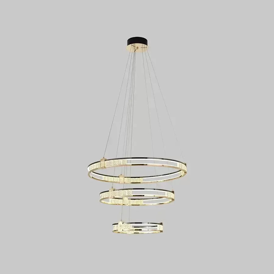 Lustra LED suspendata cu telecomanda si cristal ROGER 150W, 3 Cercuri, lumina Rece/Calda/Neutra, Dimabila, Auriu Lucios, Inaltime Reglabila