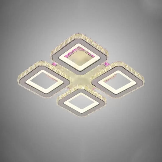 Lustra LED cu telecomanda si cristal BLAKELY RGB 74W, 4 Patrate, lumina Rece/Calda/Neutra, Dimabila, Alb