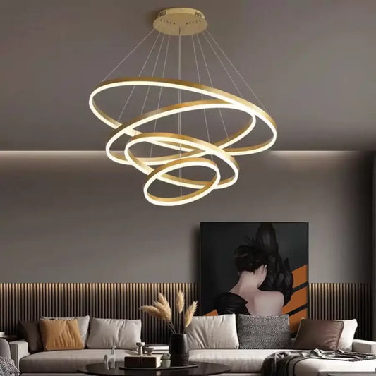 Lustra LED suspendata cu telecomanda AZARIAH 112W, 4 Cercuri, lumina Rece/Calda/Neutra, Dimabila, Auriu Lucios, Inaltime Reglabila