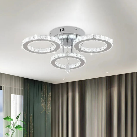 Lustra LED cu telecomanda si cristal ALANUBIS 37W, 3 Cercuri, lumina Rece/Calda/Neutra, Dimabila, Crom Lucios