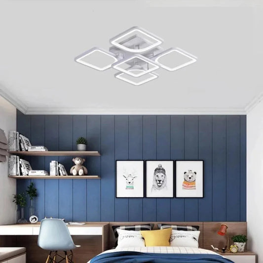 Lustra LED cu telecomanda ZOE 96W, 5 Patrate, lumina Rece/Calda/Neutra, Dimabila, Alb