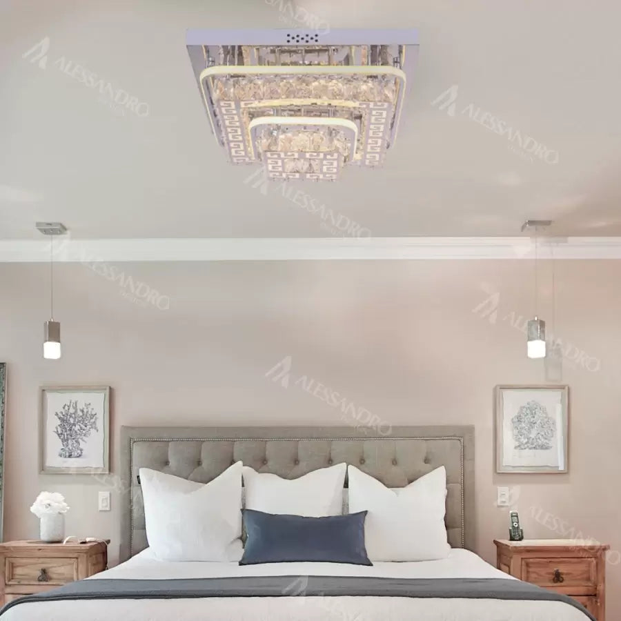Lustra LED cu telecomanda si cristal ETAN 66W, lumina Rece/Calda/Neutra, Dimabila, Crom Lucios