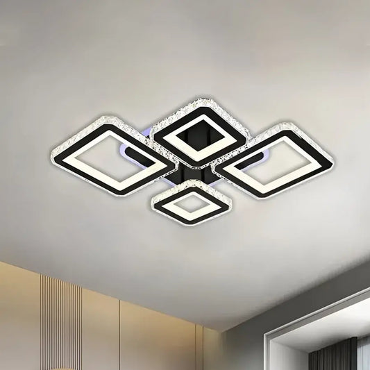 Lustra LED cu telecomanda si cristal QUADRIS RGB 78W, 4 Patrate, lumina Rece/Calda/Neutra, Dimabila, Negru
