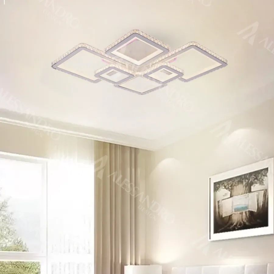 Lustra LED cu telecomanda si cristal QUADRIS RGB 170W, 6 Patrate, Lumina Rece/Calda/Neutra, Dimabila, Alb