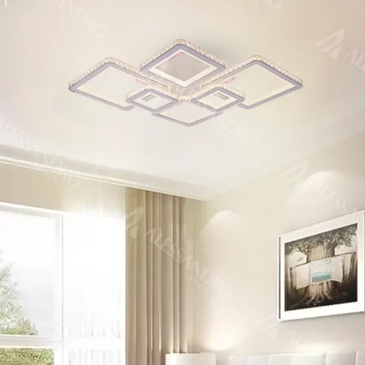 Lustra LED cu telecomanda si cristal QUADRIS RGB 170W, 6 Patrate, Lumina Rece/Calda/Neutra, Dimabila, Alb