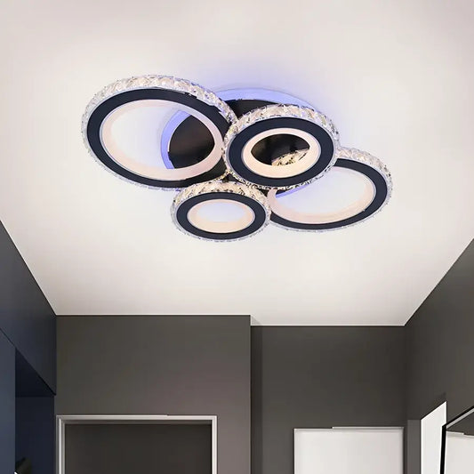 Lustra LED cu telecomanda si cristal NOVA ROTONDA RGB 68W, 4 Cercuri, lumina Rece/Calda/Neutra, Dimabila, Negru