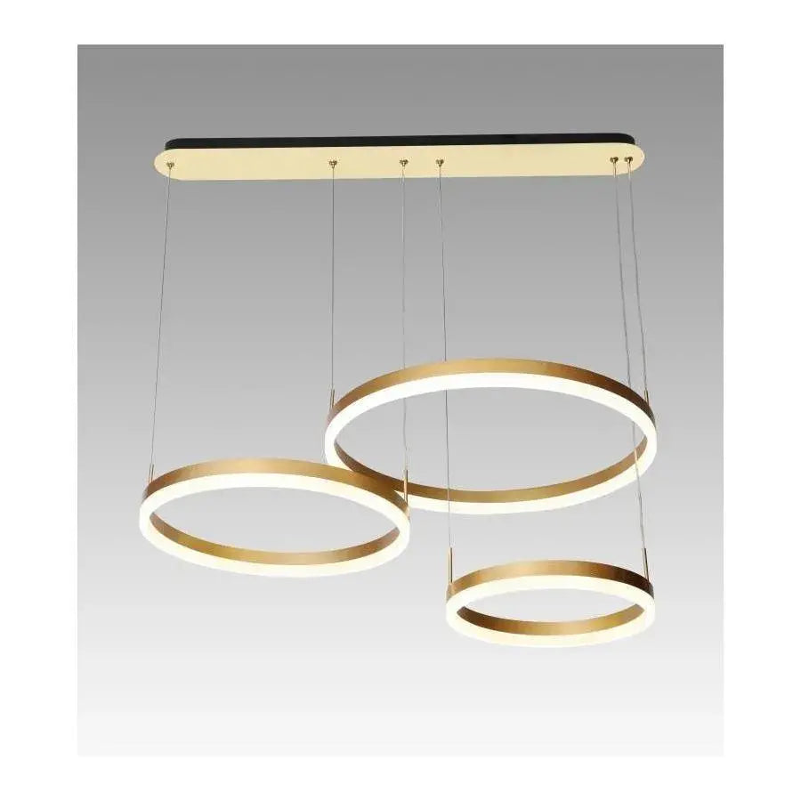 Lustra LED suspendata cu telecomanda PERU 150W, 3 Cercuri, lumina Rece/Calda/Neutra, Dimabila, Auriu Lucios, Inaltime Reglabila