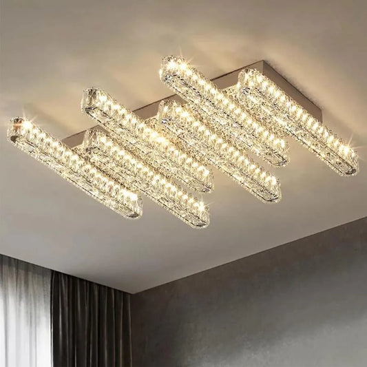 Lustra LED cu telecomanda si cristal PRISCILA 216W, 6 Elemente, Liniara, lumina Rece/Calda/Neutra, Dimabila, Crom Lucios