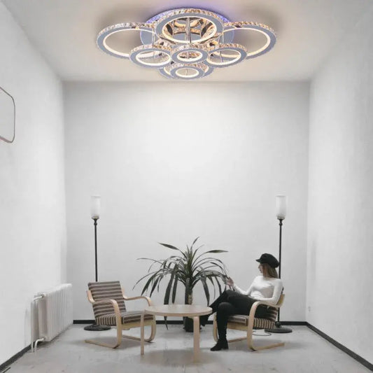 Lustra LED cu telecomanda si cristal LIA RGB 182W, 8 Cercuri, lumina Rece/Calda/Neutra, Dimabila, Alb Crom Lucios