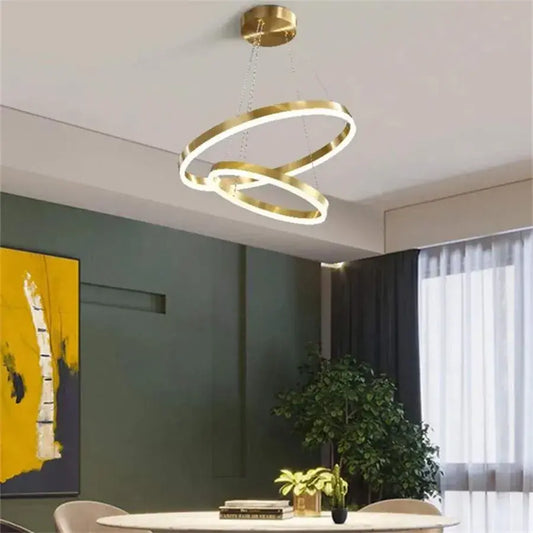 Lustra LED suspendata cu telecomanda AZARIAH 112W, 2 Cercuri, lumina Rece/Calda/Neutra, Dimabila, Auriu Lucios, Inaltime Reglabila