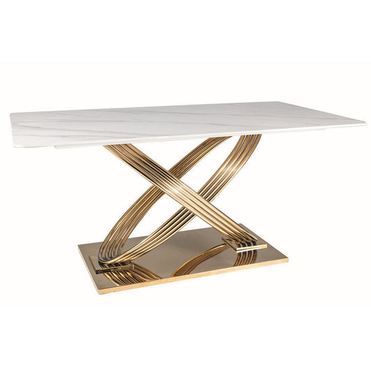 Masa HERMES, alb cu efect de marmura/auriu, ceramica/metal, 160x90x75 cm