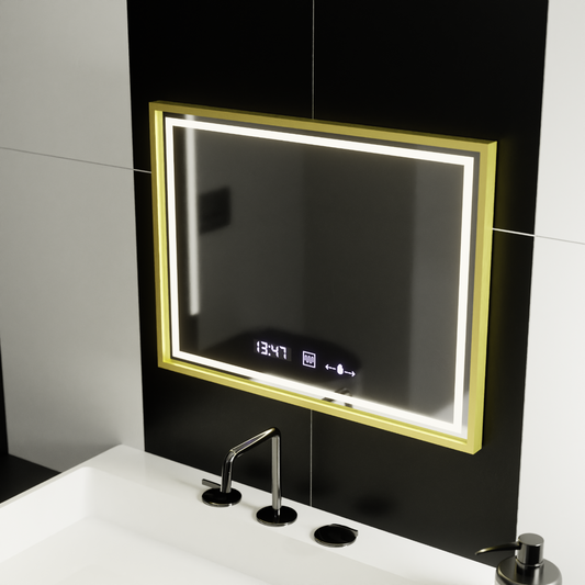 Oglinda LED Rectangulara, 80x60cm, Verite Royale Gold MotionGlow Marcello, Sistem Dezaburire, Ceas & Termometru, Dimabila