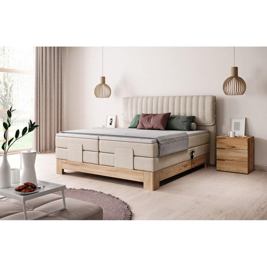 Pat boxspring ELSA 140x200, stofa clasica caramiziu, Gama Premium, mecanism electric, saltele si topper