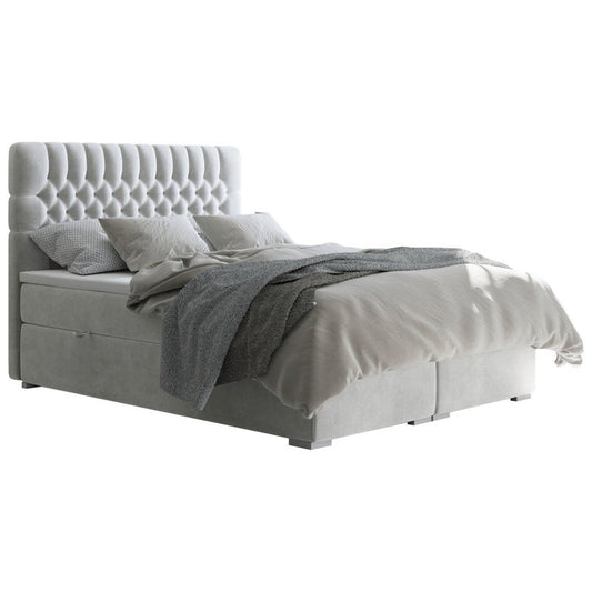 Pat boxspring FONDA 180x200, stofa catifelata gri deschis - Mono 244, cu lada pentru depozitare