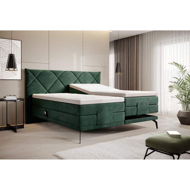 Pat boxspring PAVO 160x200, stofa catifelata turcoaz inchis - RIVIERA 87, cu mecanism electric, saltele si topper