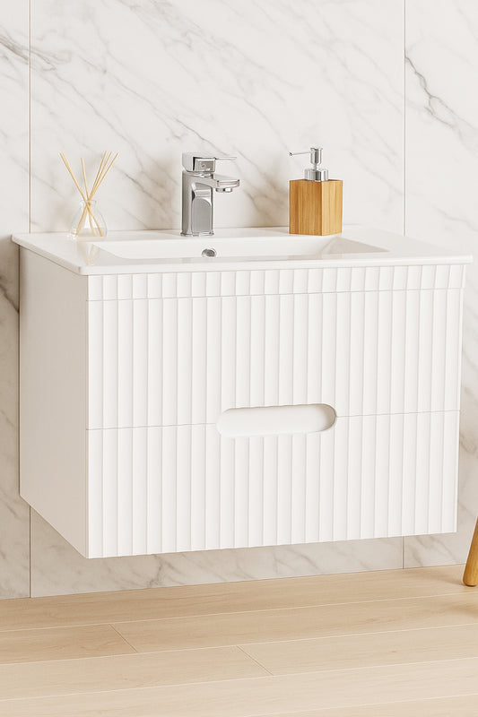 Mobilier Baie MDF Kit și lavoar, Seria 009, Suspendat, Sertare, 80cm, Alb
