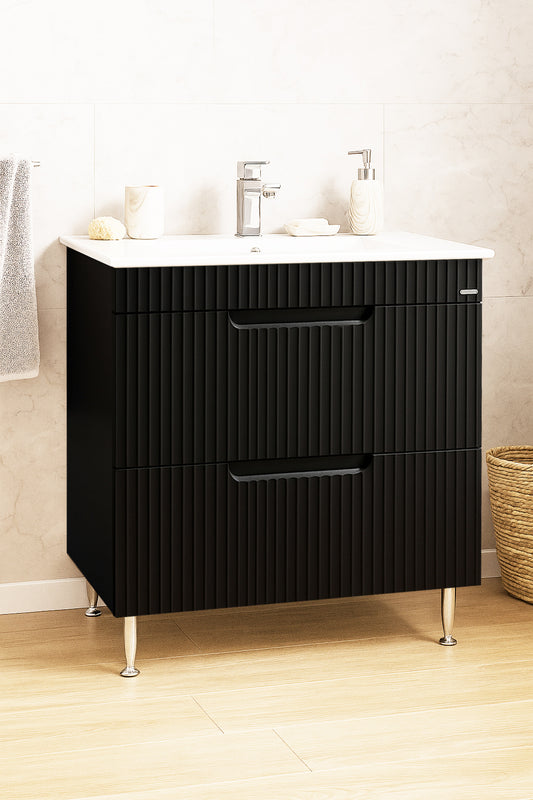 Mobilier Baie MDF și lavoar, Seria 033, Sertare, 80cm, Negru