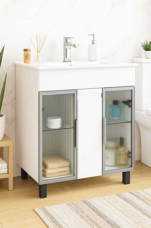 Mobilier Baie MDF și lavoar, Seria 058, 70cm, Alb