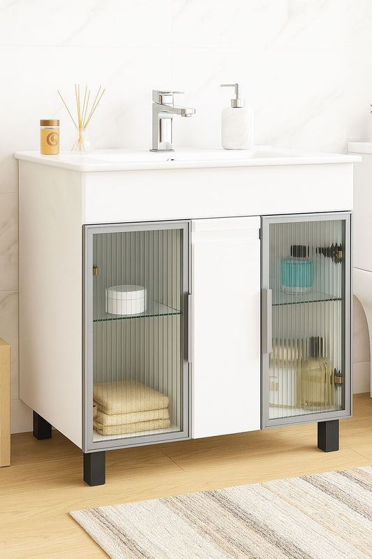 Mobilier Baie MDF și lavoar, Seria 058, 80cm, Alb