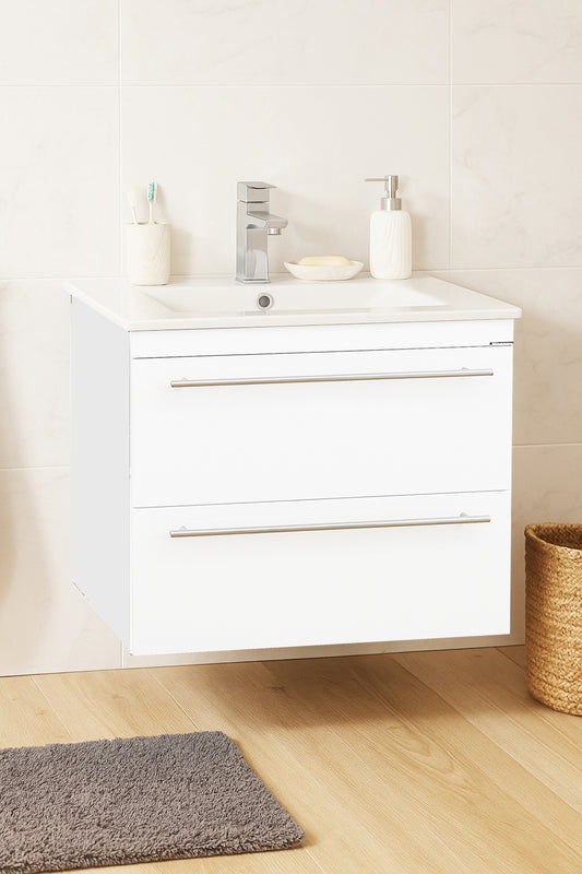 Mobilier Baie MDF kit și lavoar, Seria 066, Suspendat, Sertare, 60cm, Alb