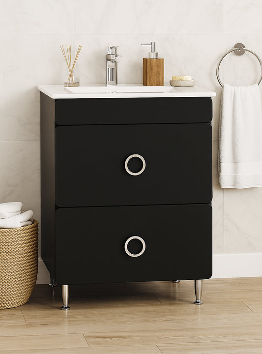 Mobilier Baie MDF și lavoar, Seria 080, Sertare, 60cm, Negru