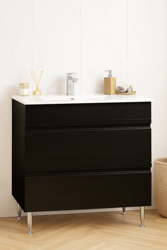 Mobilier Baie MDF și lavoar, Seria 086, Sertare, 80cm, Negru