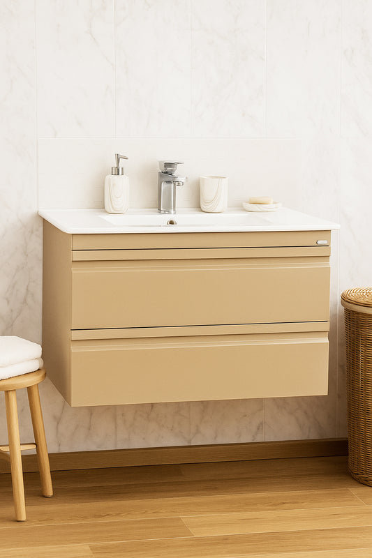 Mobilier Baie MDF și lavoar, Seria 086, Suspendat, Sertare, 80cm, Cappuccino