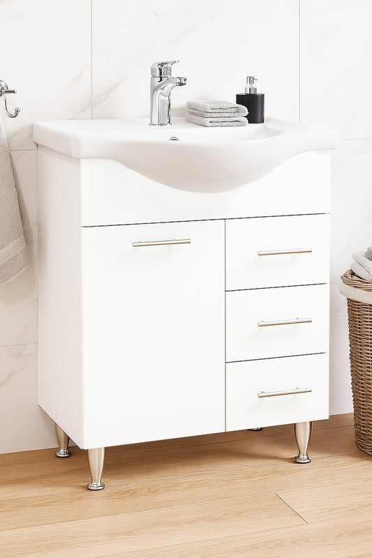 Mobilier Baie MDF și lavoar, Seria 153, Sertare, 65cm, Alb