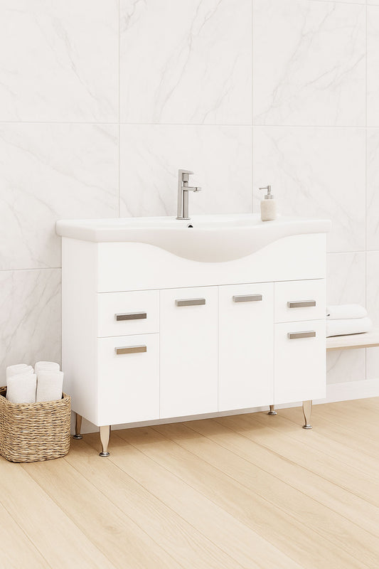 Mobilier Baie MDF și lavoar, Seria 169, Sertare, 100cm, Alb