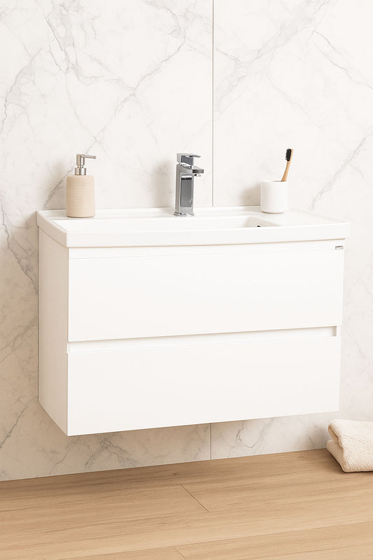 Mobilier Baie MDF și lavoar, Seria 286, Suspendat, Sertare, 100cm, Alb
