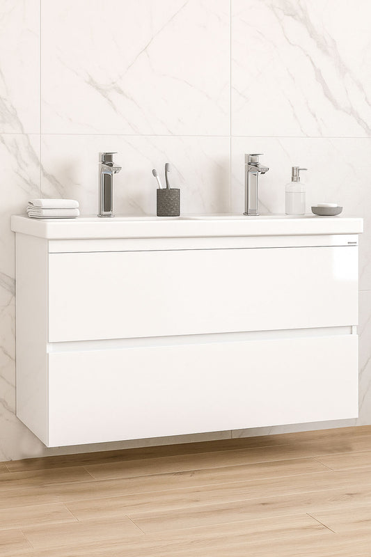Mobilier Baie MDF și lavoar, Seria 286, Suspendat, Sertare, 120cm, Alb