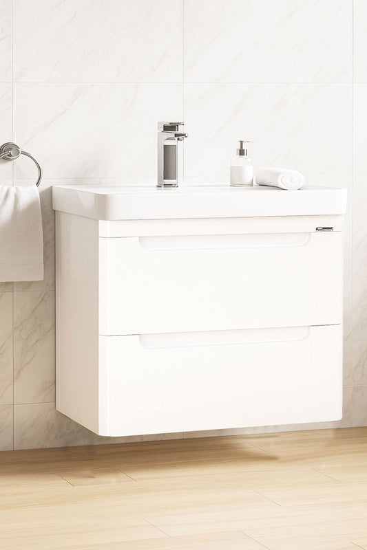 Mobilier Baie MDF și lavoar, Seria 502, Suspendat, Sertare, 80cm, Alb
