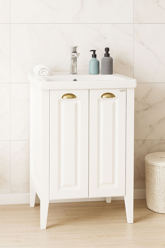Mobilier Baie MDF și lavoar, Seria 702, 60cm, Alb rustic